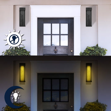 Miranda 5.13" Modern Industrial Iron/Glass Seeded Glass with Dusk-to-Dawn Sensor Integrated LED Outdoor Sconce - JONATHAN Y